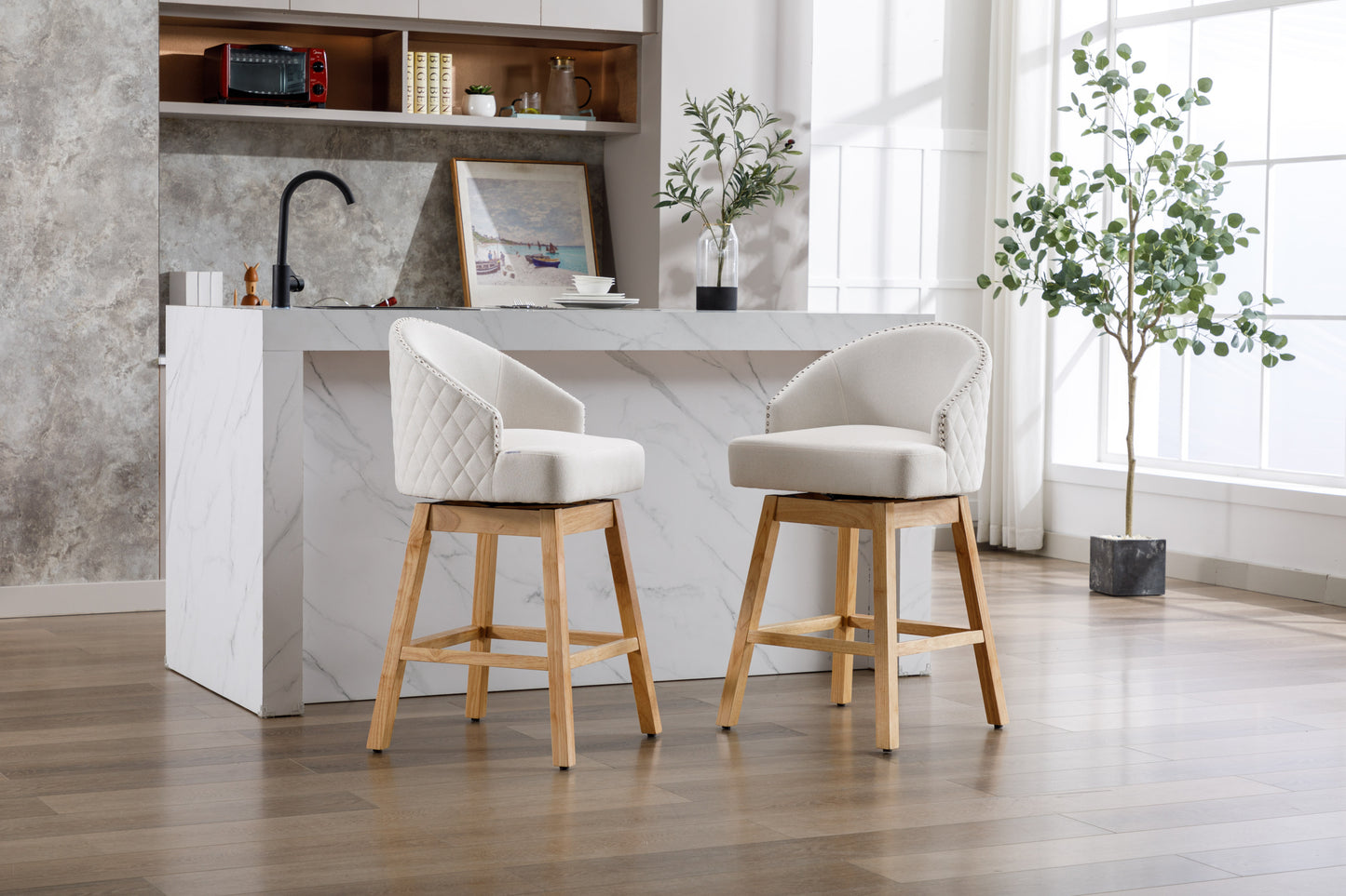 Halstid - Set of 2 - 29" Beige Linen Counter Height Bar Stools with 360° Swivel - Footrest and Solid Wood Legs