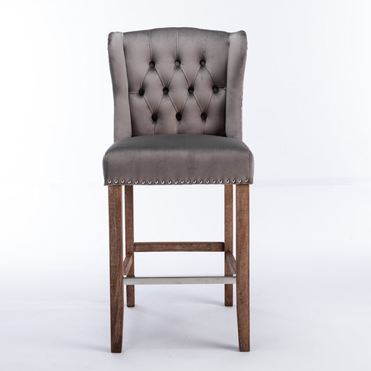 Bellamy - Set of 2 - 27" Grey Velvet Wingback Counter Stools with Nailhead Trim, Tufted Back, and Solid Wood Legs