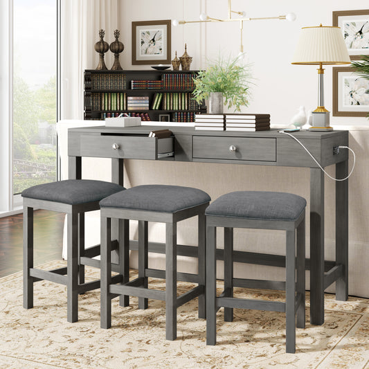 Valora - Set of 2 - Table 36", Stool 25" Gray Upholstered Farmhouse Dining Stools with Charging Ports - Rectangular Wood Table