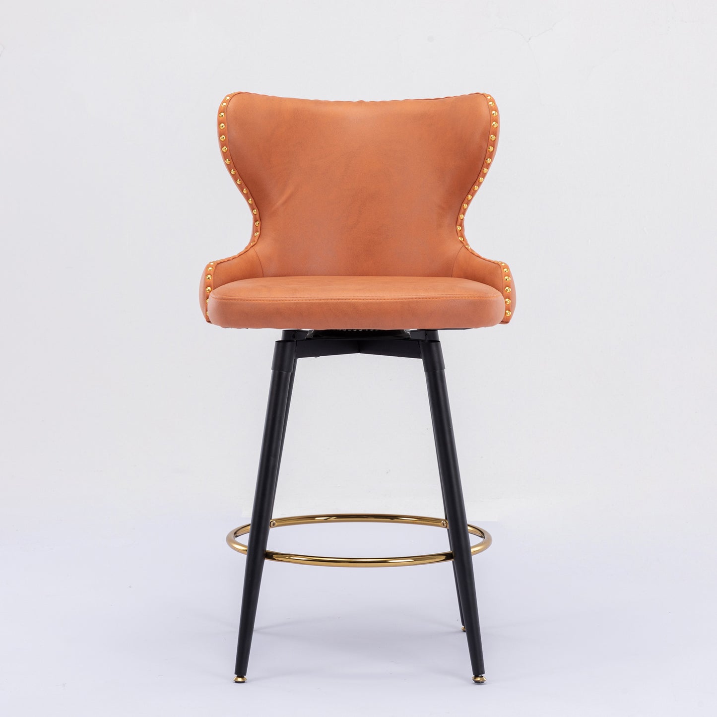 Vera - Set of 2 - Orange 25" Counter Height Swivel Bar Stools with Tufted Leathaire Fabric, Gold Nailhead Trim, and Black Metal Legs