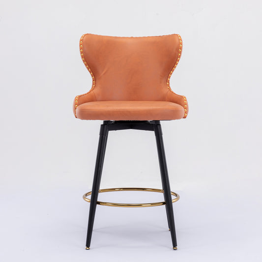 Vera - Set of 2 - Orange 25" Counter Height Swivel Bar Stools with Tufted Leathaire Fabric, Gold Nailhead Trim, and Black Metal Legs