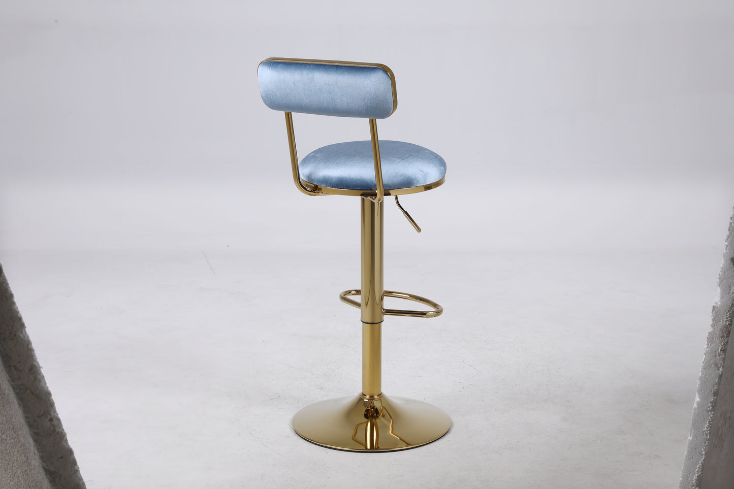 Imperia - Set of 2 - 24" to 30" Adjustable  Light Blue Velvet Bar Stools with Golden Steel Legs