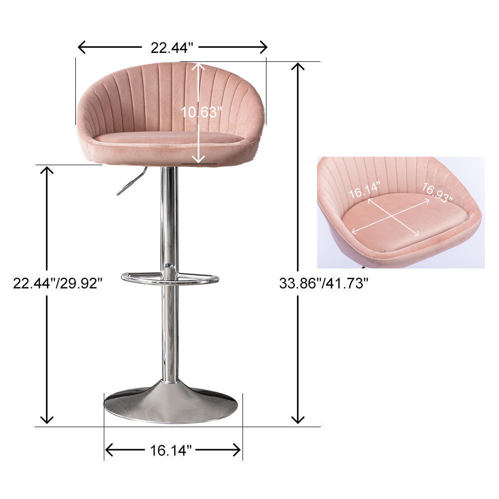 Haylen - Set of 2 - 30” Adjustable Pink Velvet Bar Stools with Backrest, Footrest, and 41.7” Height