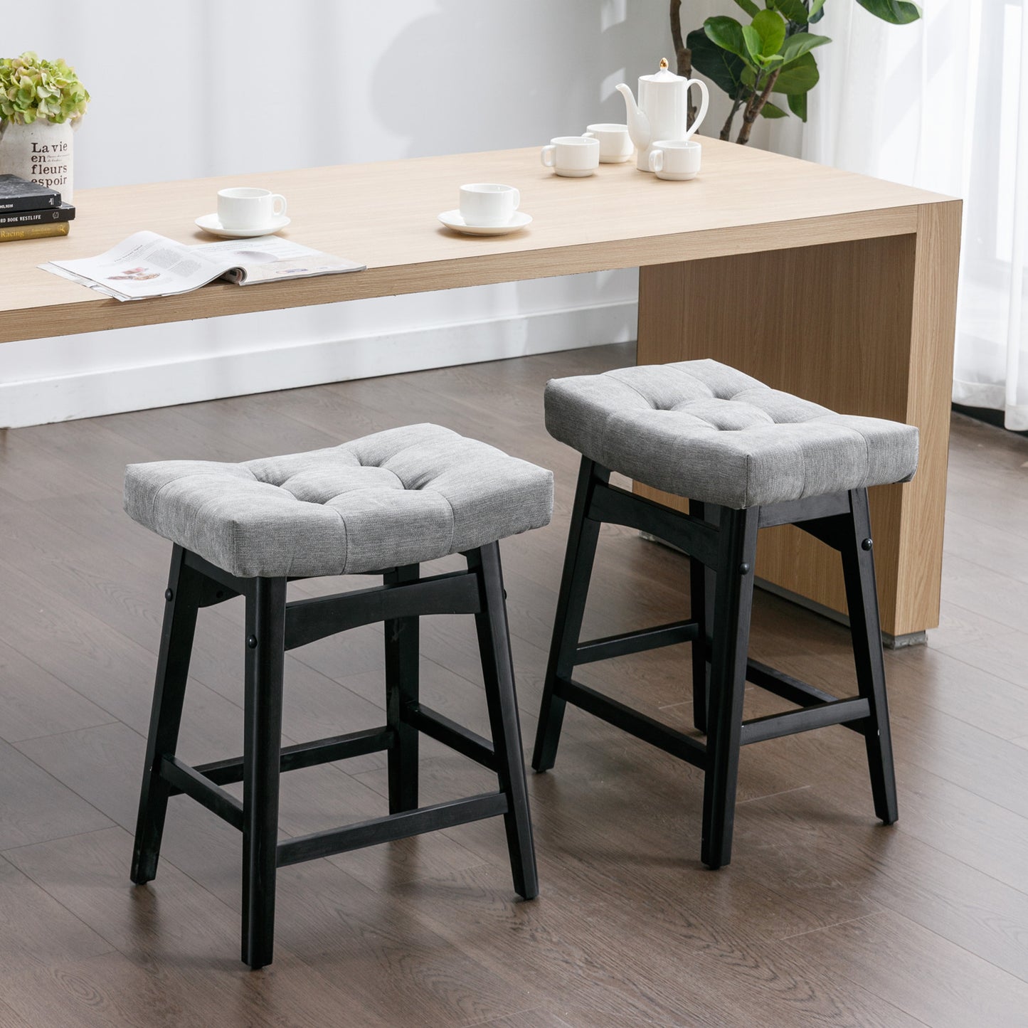 Marlow - Set of 2 - 26" Beige & Black Fabric Upholstery Swivel Counter Stools with Wooden Legs, Modern Design