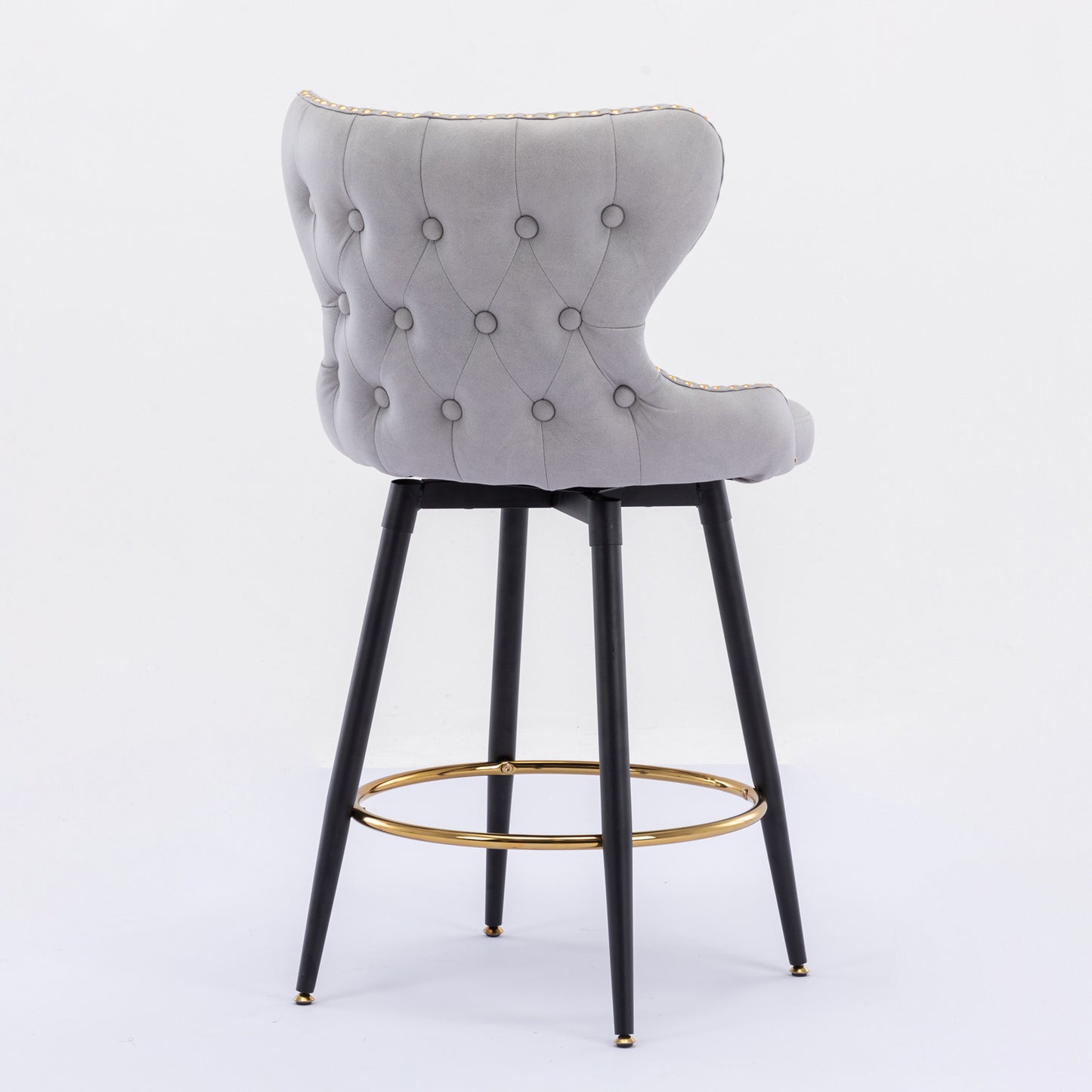 Amelia - Set of 2 – 25" Light Gray Counter Height Tufted Bar Stools with 180° Swivel, Gold Nailhead Trim, and Black Metal Legs