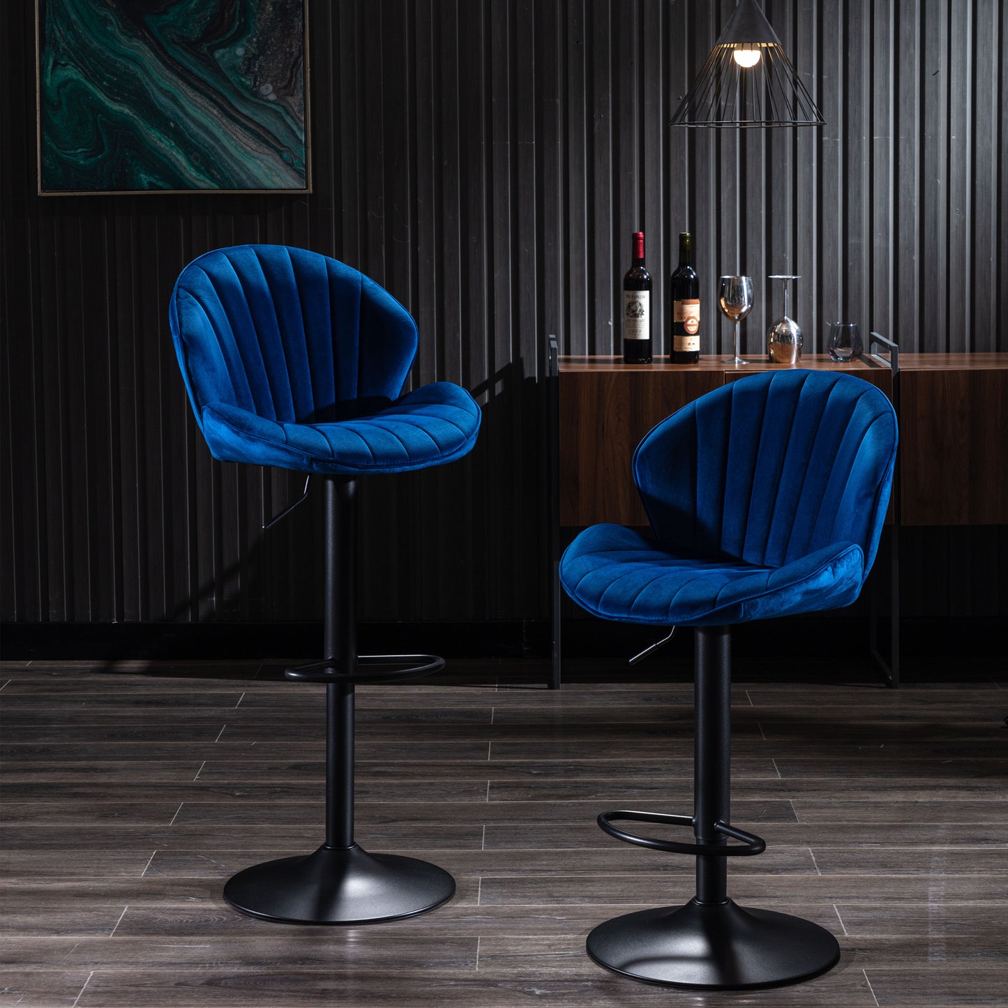 Molaris - Set of 2 - 30" Blue Velvet Adjustable Bar Stools with Backrest, Footrest, and Modern Design