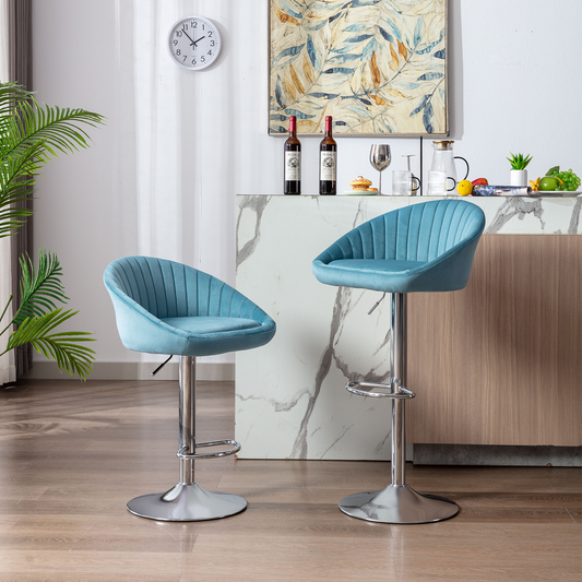 Santar- Set of 2 - 24" Elegance  Seat Height Adjustable Blue Velvet Bar Stools with Backrest and Footrest