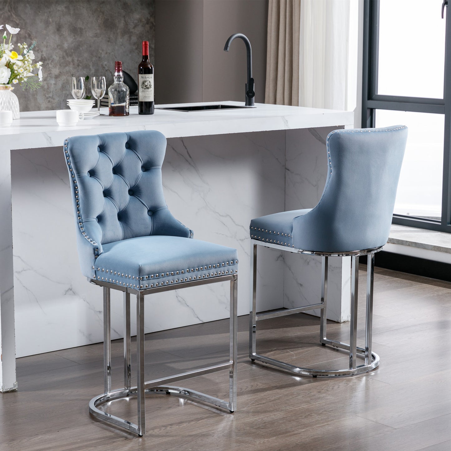 Harris - Set of 2 - 26" Light Blue Velvet Counter Height Bar Stools with Button Tufted Back, Rivet Trim, and Chrome Base for Kitchen Island