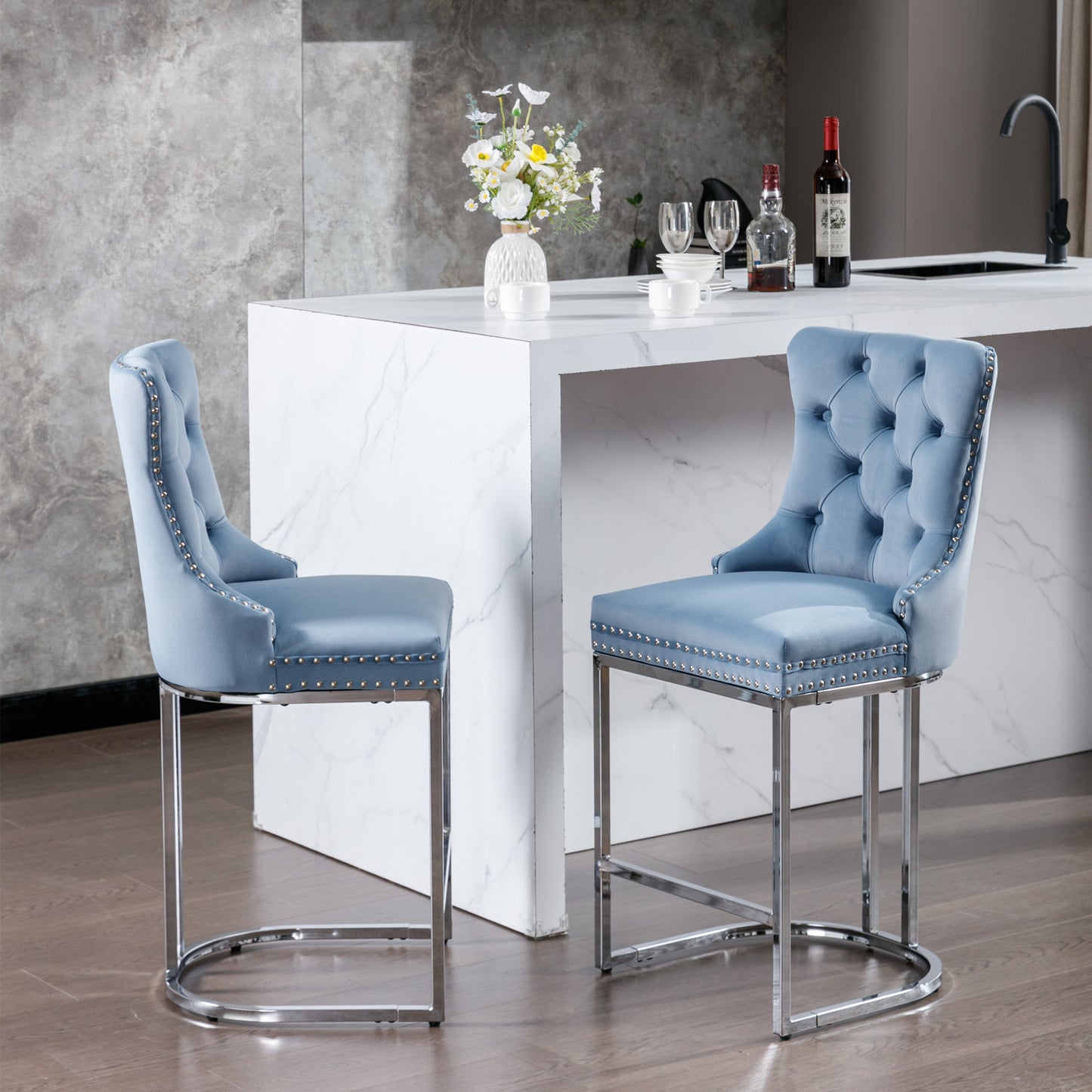 Harris - Set of 2 - 26" Light Blue Velvet Counter Height Bar Stools with Button Tufted Back, Rivet Trim, and Chrome Base for Kitchen Island