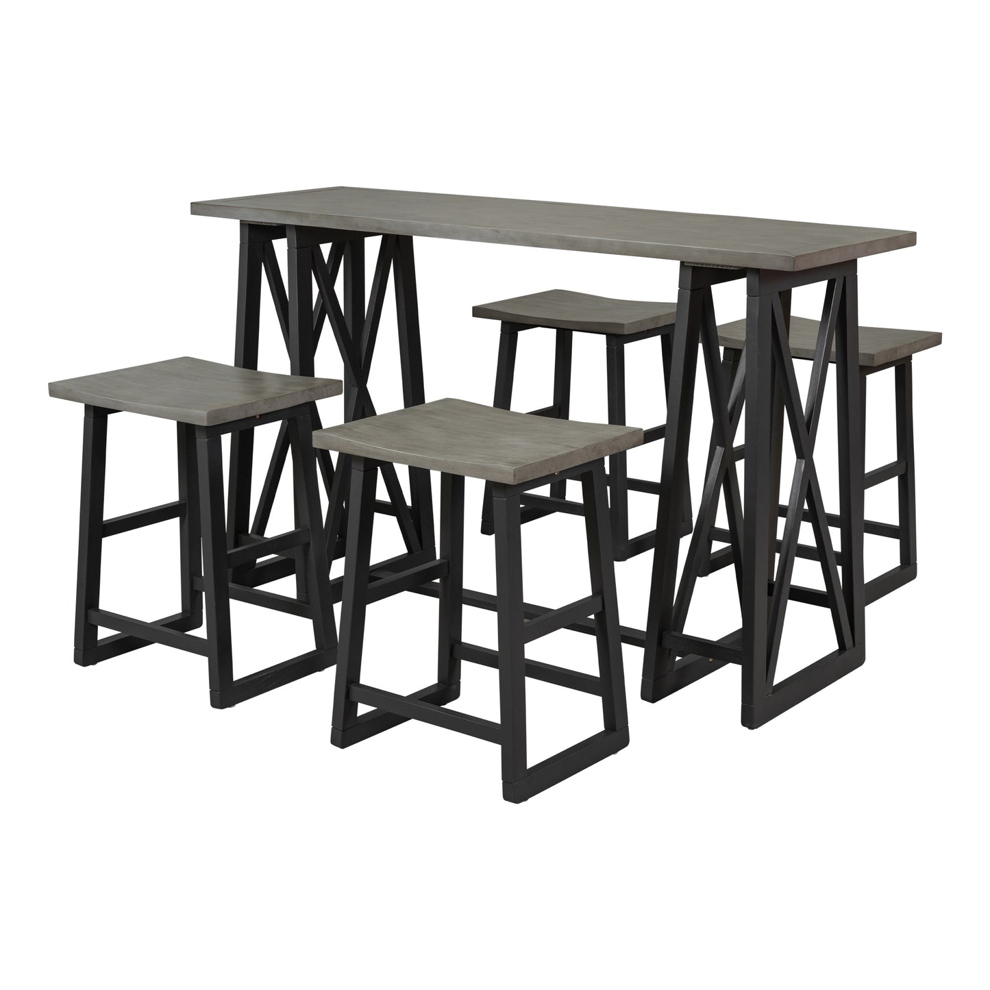 Kassian - Set of 5 - 24" Counter Height Dining Set with Solid Rubberwood, Gray Finish, and 4 Stools