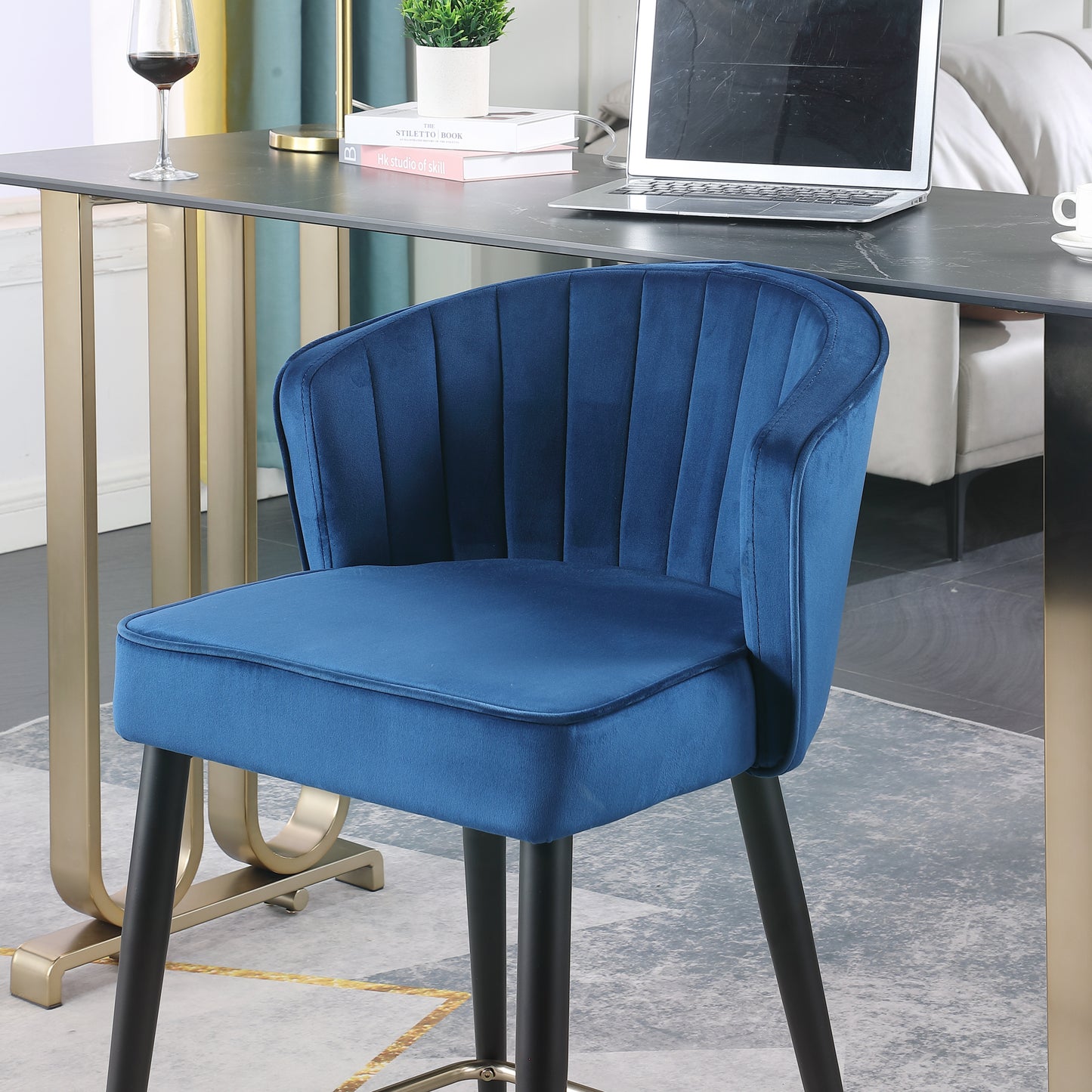 Marvelle - Set of 2 - 37" Contemporary Velvet Upholstered Counter Height Stools, Deep Channel Tufting & Gold Tipped Black Metal Legs, Blue