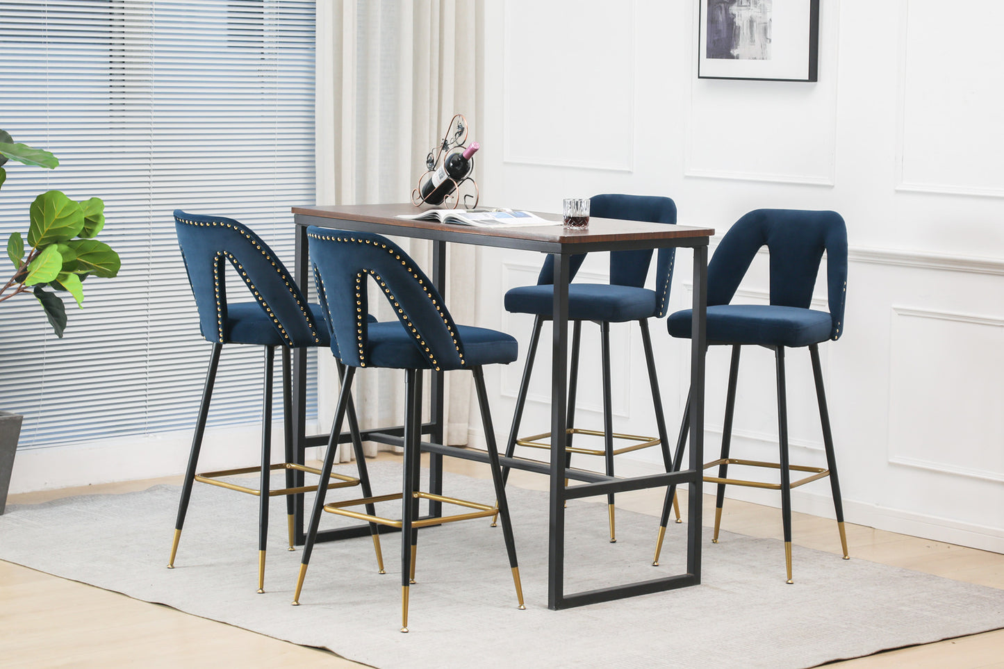 Zara - Set of 2 - 29" Blue Velvet Bar Stools with Gold-Tipped Black Metal Legs