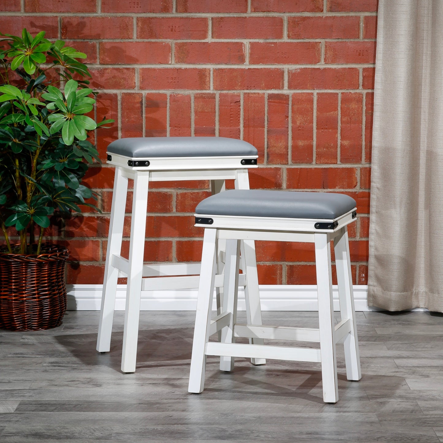 Siobhan - Set of 2 - 24" Antique White Counter Stools with Black Bonded Leather Seats