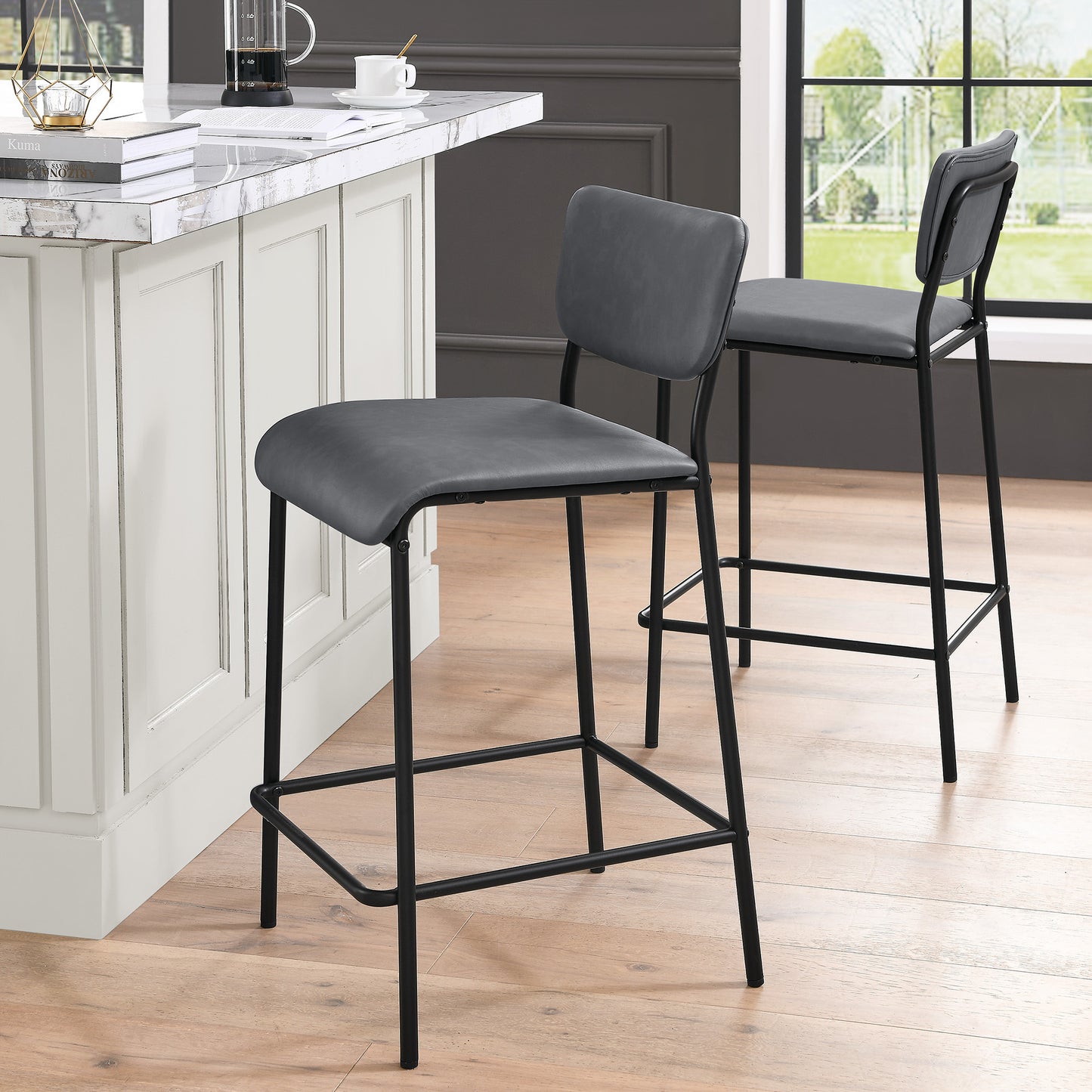 Kensington – Set of 2 – 25" Grey Faux Leather Counter Stools with Backrest, Footrest & Sturdy Metal Frame