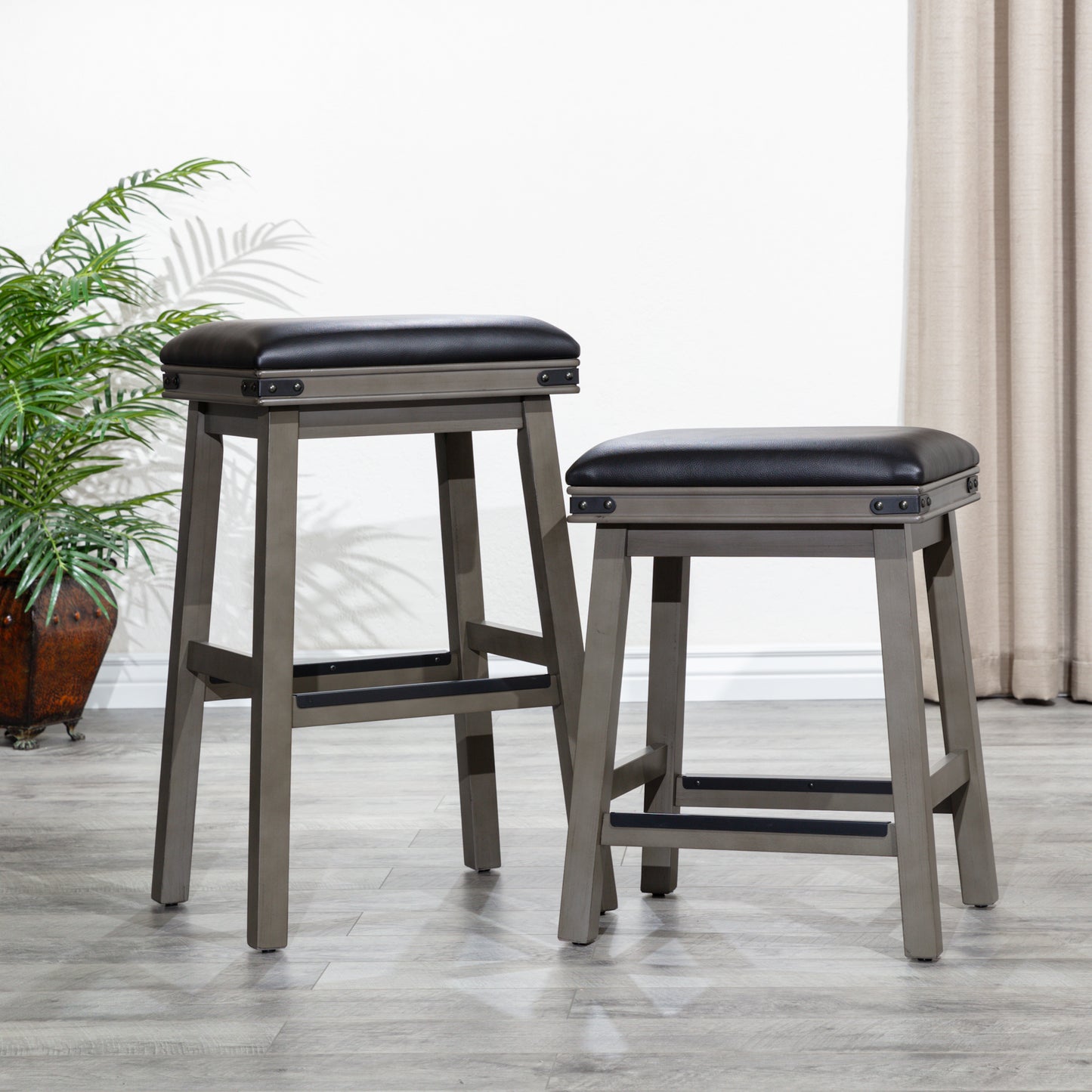 Siobhan - Set of 2 - 24" Antique White Counter Stools with Black Bonded Leather Seats