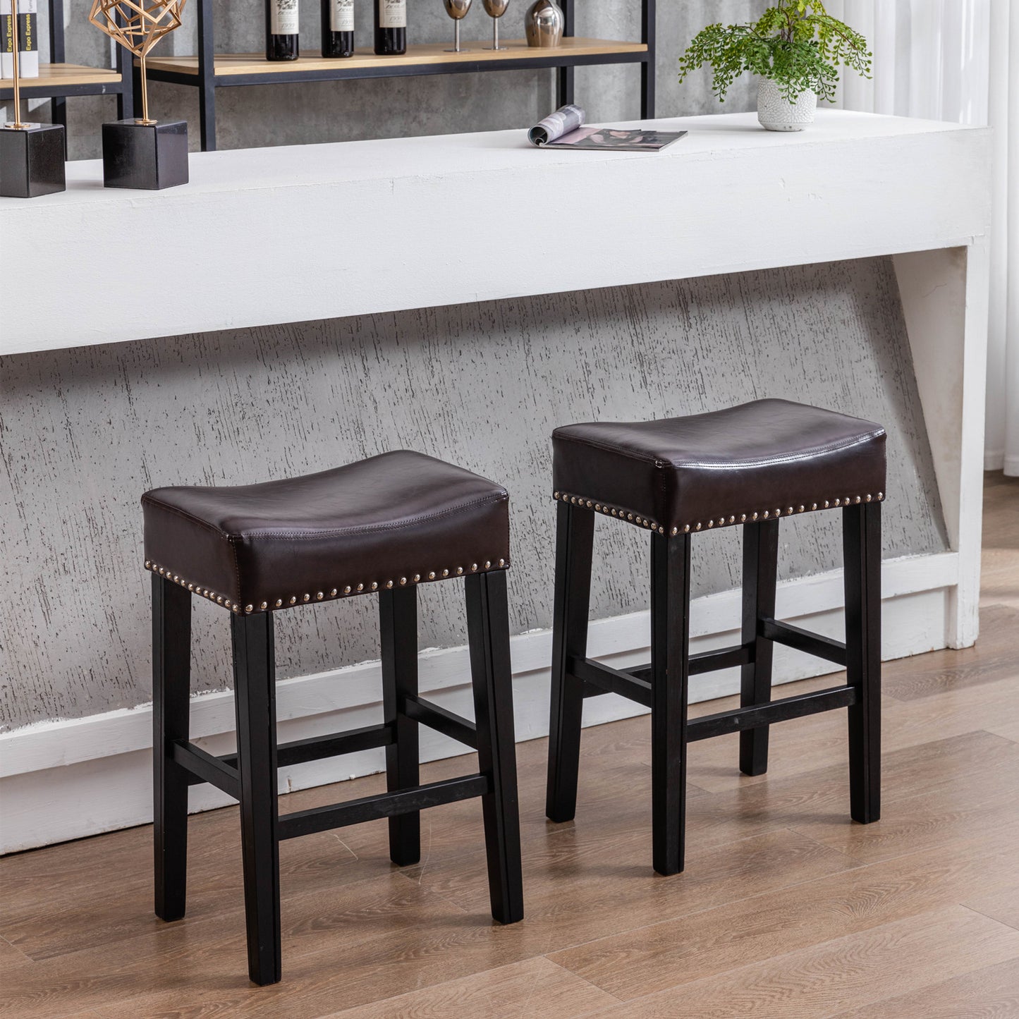 Darcell - Set of 2 - 26" Backless Counter Height Stools with Brown Faux Leather Seat and Black Solid Wood Legs