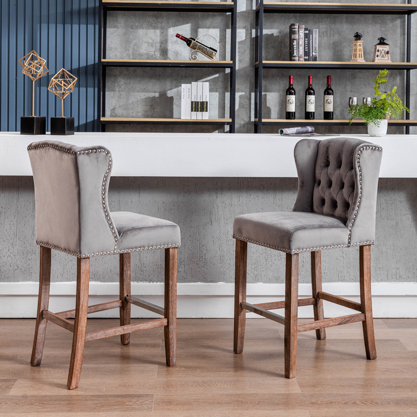 Bellamy - Set of 2 - 27" Grey Velvet Wingback Counter Stools with Nailhead Trim, Tufted Back, and Solid Wood Legs