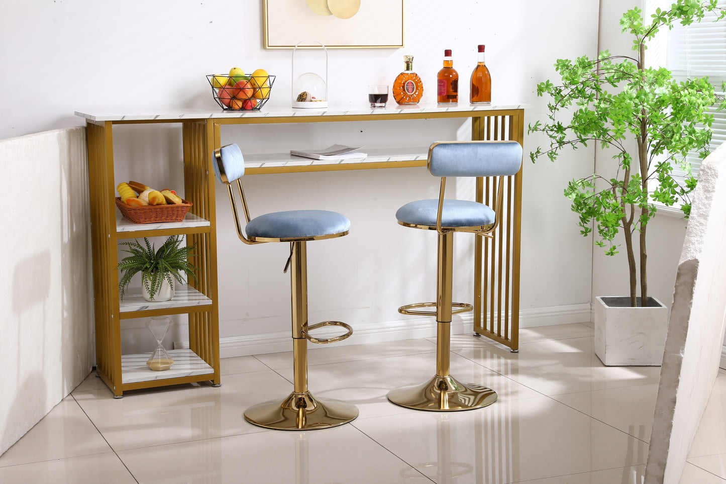 Imperia - Set of 2 - 24" to 30" Adjustable  Light Blue Velvet Bar Stools with Golden Steel Legs