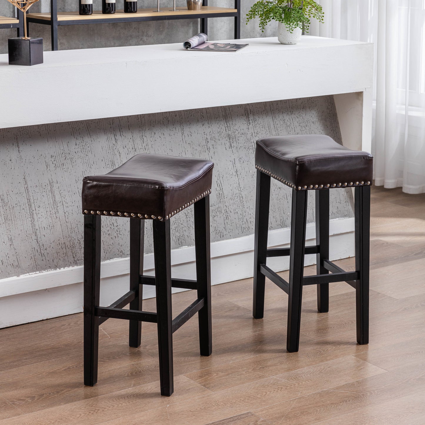 Bradshaw - Set of 2 - 28"  Brown Backless Faux Leather Counter Stools with Farmhouse Design and Solid Wood Legs