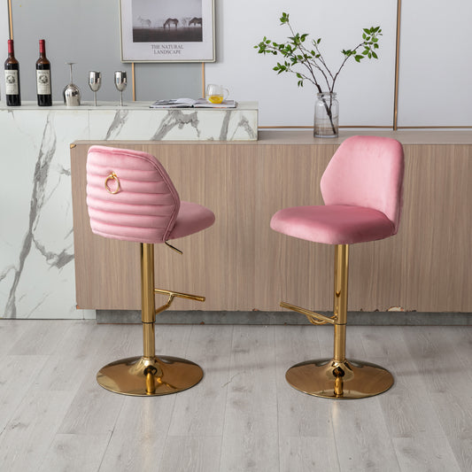 Lure Set of 2- 24"–32" Height Pink Velvet Swivel Counter Stools  with Tufted Back & Golden Chrome Base