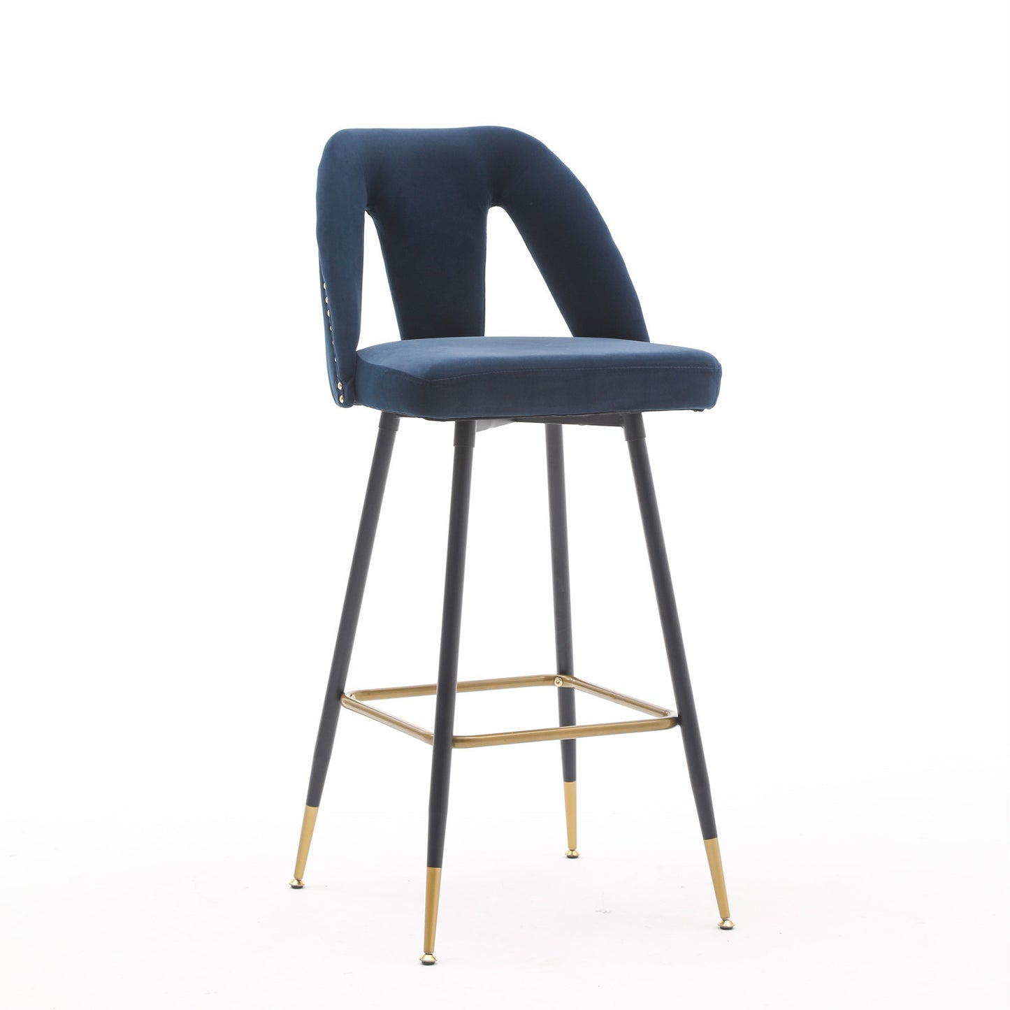 Zara - Set of 2 - 29" Blue Velvet Bar Stools with Gold-Tipped Black Metal Legs