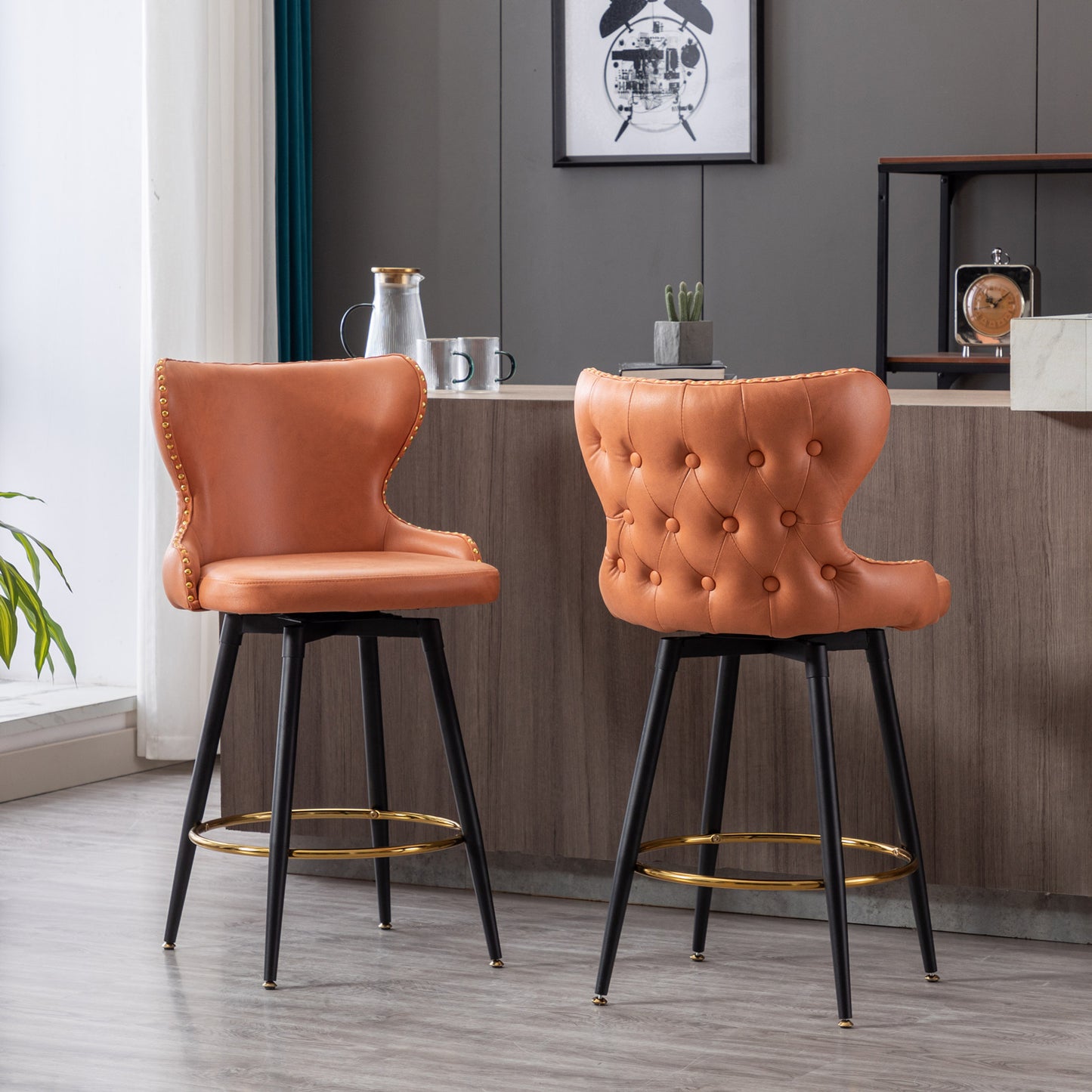 Vera - Set of 2 - Orange 25" Counter Height Swivel Bar Stools with Tufted Leathaire Fabric, Gold Nailhead Trim, and Black Metal Legs