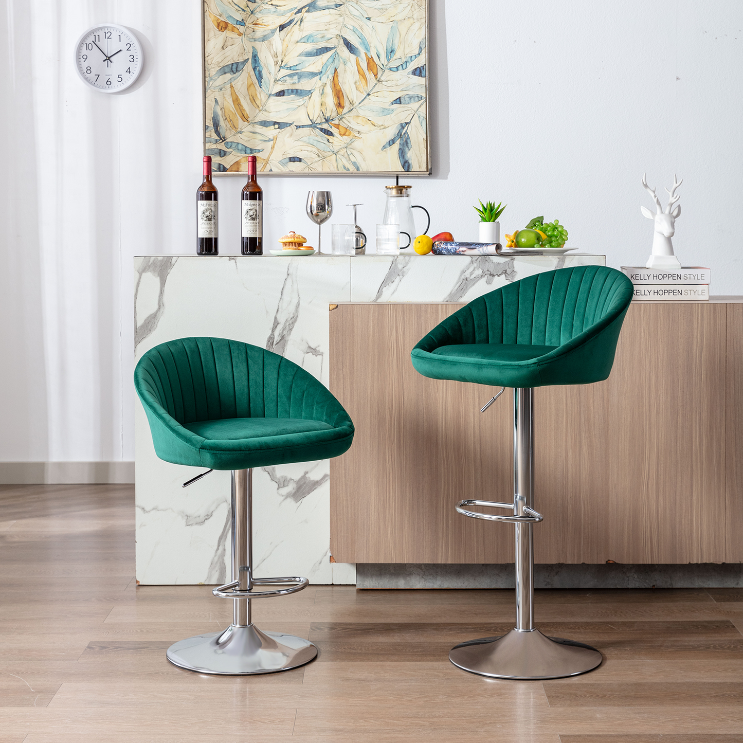 Sherwood - Set of 2 - 25" Emerald Velvet Adjustable Counter Height Bar Stools with Backrest and Footrest