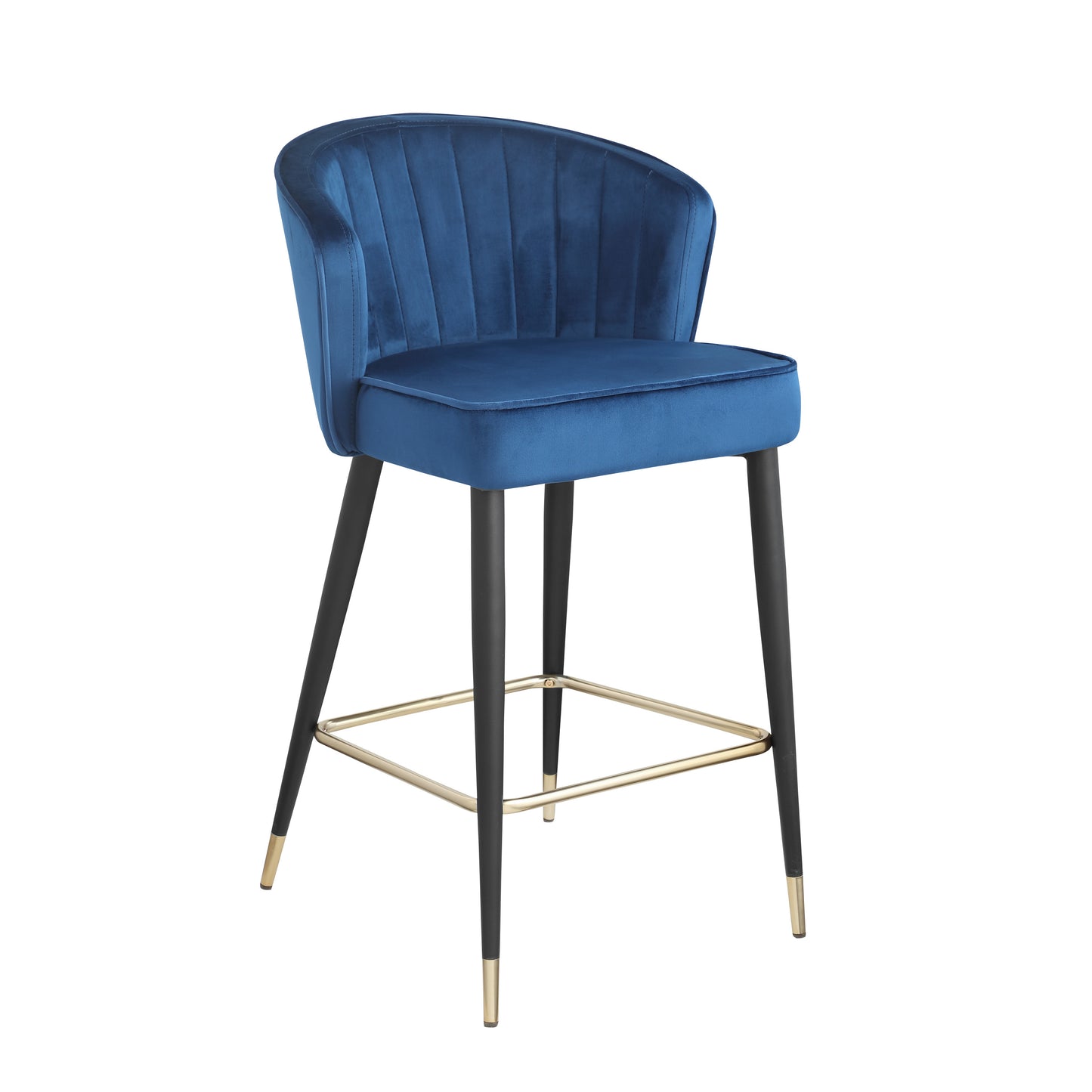 Marvelle - Set of 2 - 37" Contemporary Velvet Upholstered Counter Height Stools, Deep Channel Tufting & Gold Tipped Black Metal Legs, Blue