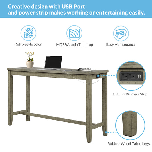 Heath - Set of 4 - 24” Rustic Gray Green Counter Height Table with Padded Fabric Stools and Built-in Charging Station