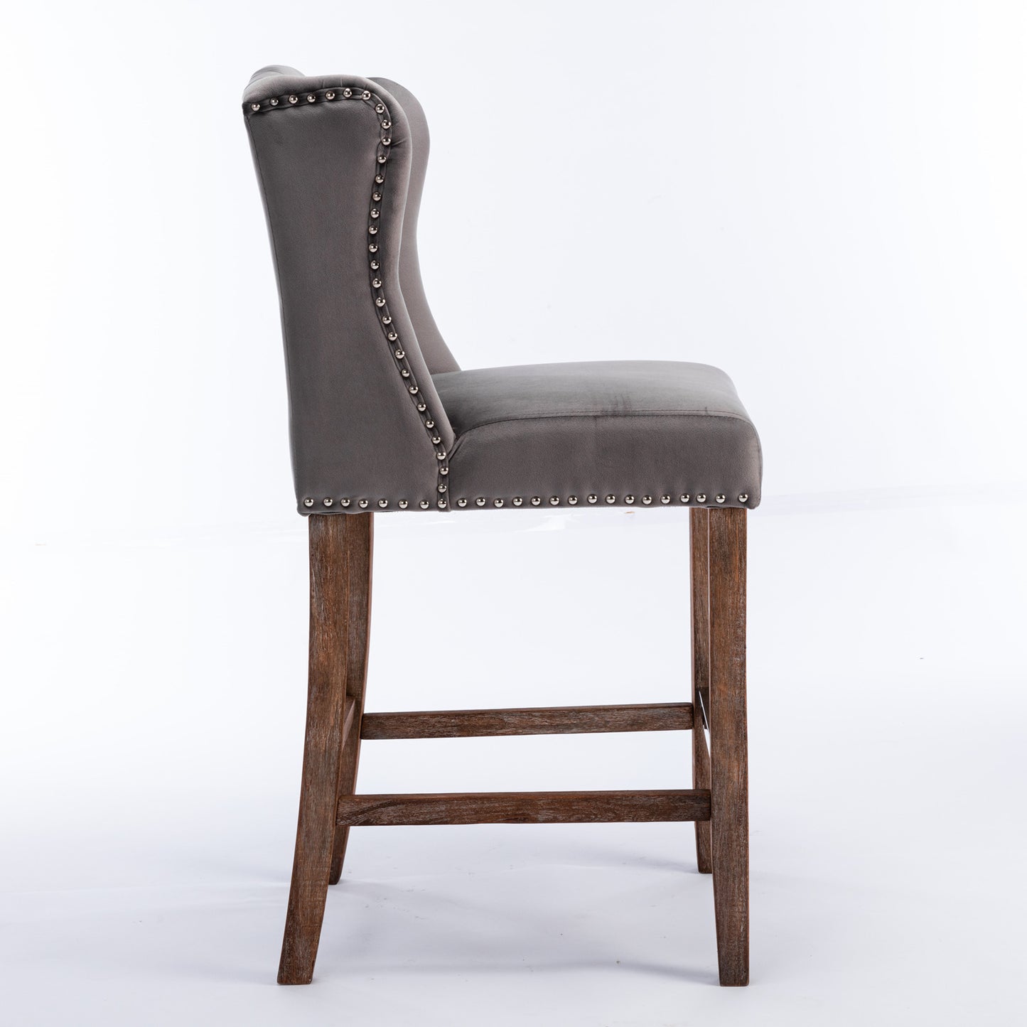 Bellamy - Set of 2 - 27" Grey Velvet Wingback Counter Stools with Nailhead Trim, Tufted Back, and Solid Wood Legs