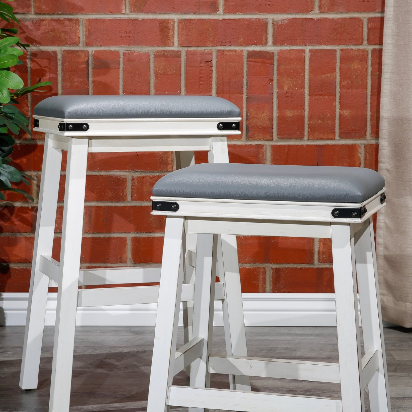 Siobhan - Set of 2 - 24" Antique White Counter Stools with Black Bonded Leather Seats