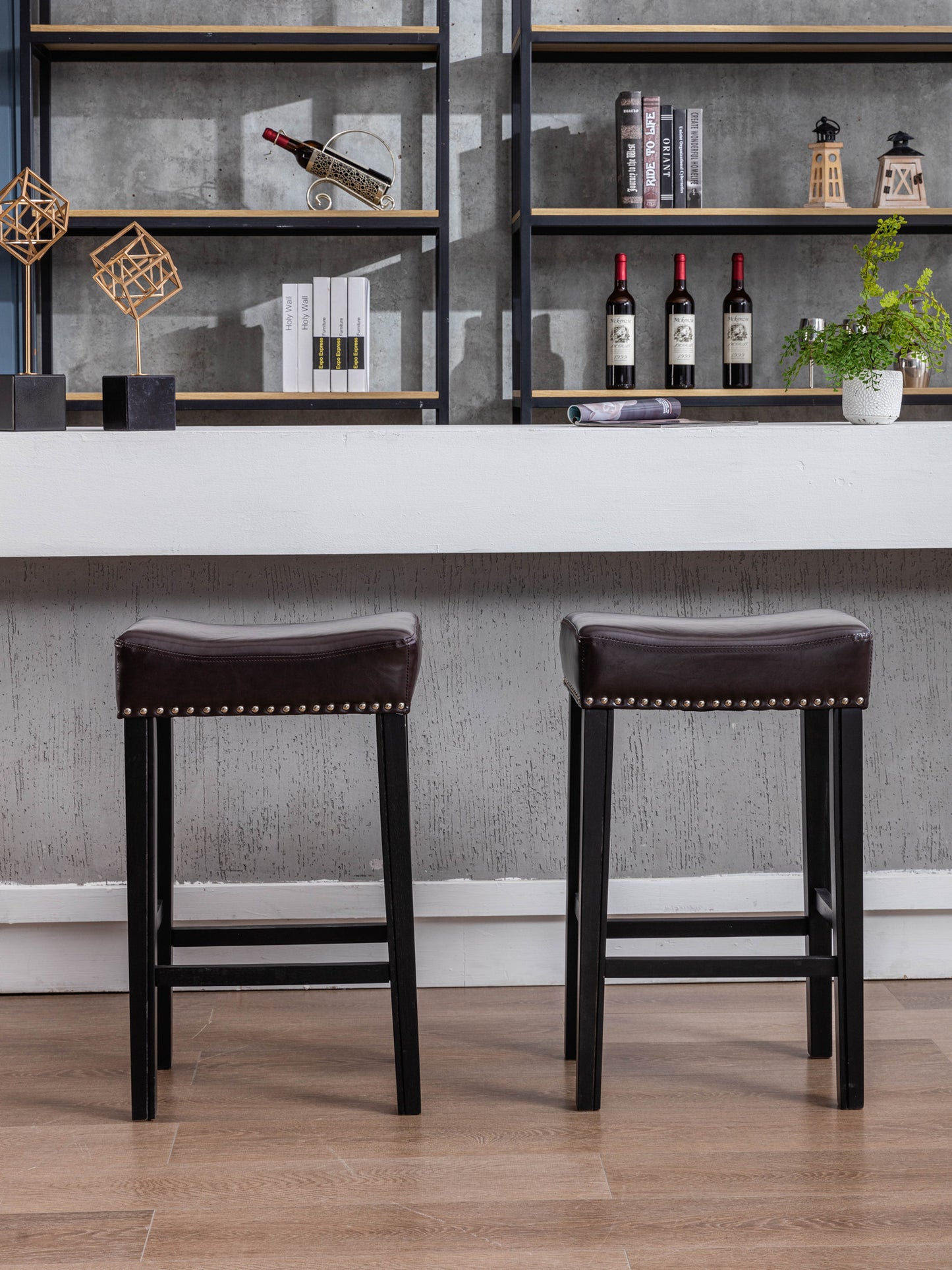 Bradshaw - Set of 2 - 28"  Brown Backless Faux Leather Counter Stools with Farmhouse Design and Solid Wood Legs