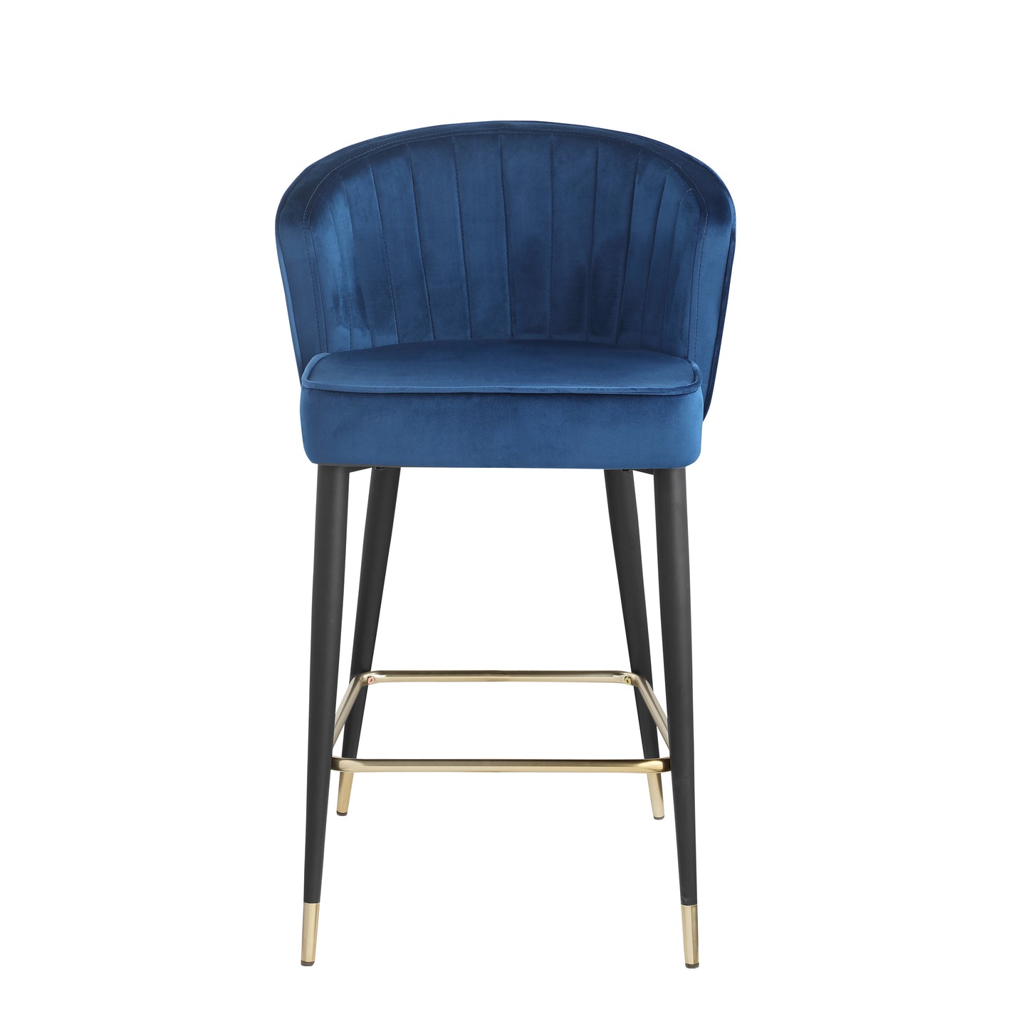 Marvelle - Set of 2 - 37" Contemporary Velvet Upholstered Counter Height Stools, Deep Channel Tufting & Gold Tipped Black Metal Legs, Blue