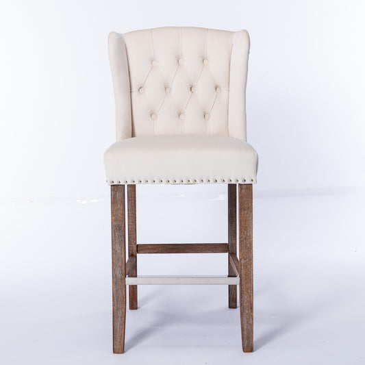 Hybretta - Set of 2 - 27" Wingback Bar Stools - Upholstered Chairs with Nailhead Trim & Tufted Velvet Back - Beige