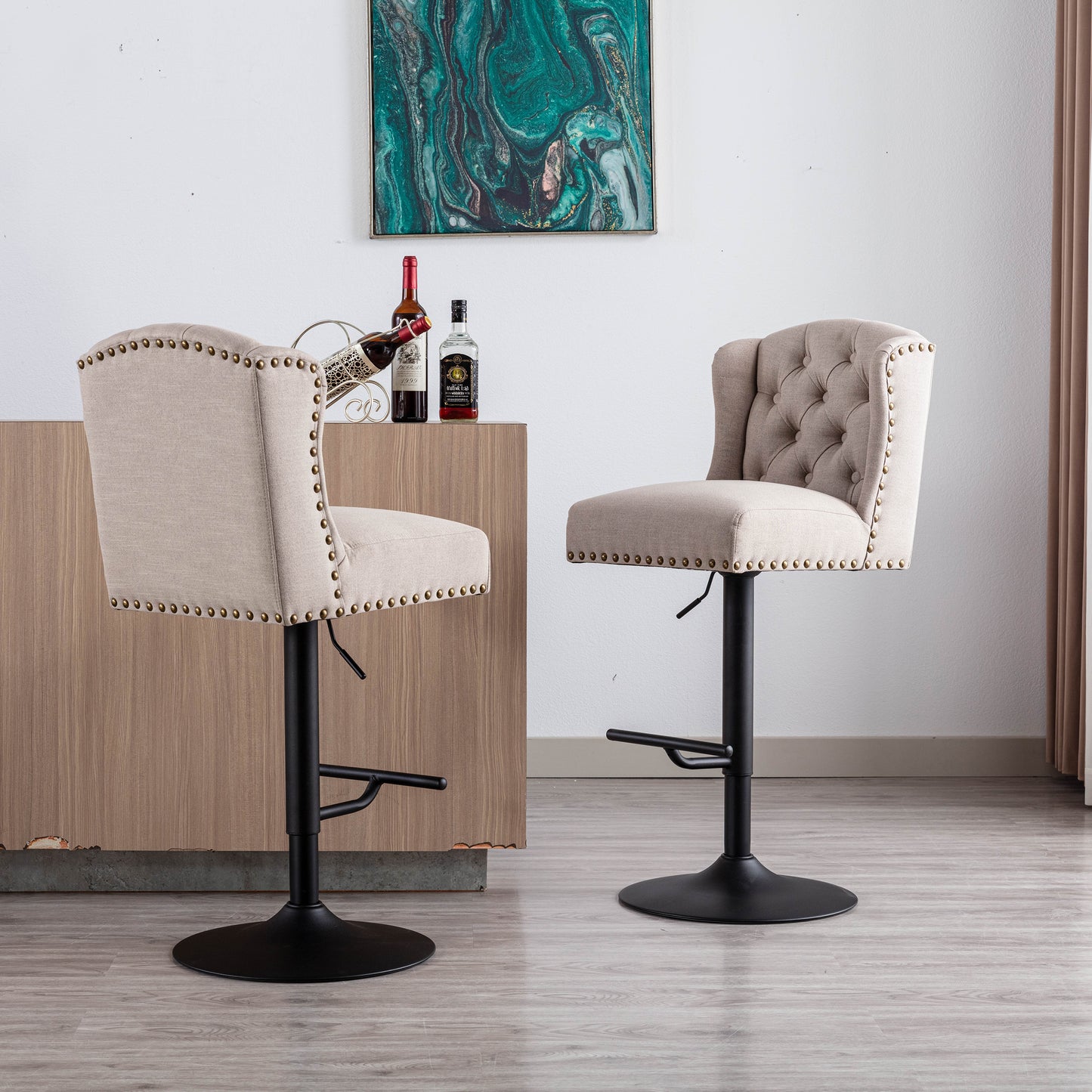 Norwood - Set of 2 - 27" Cream Adjustable Swivel Bar Stools with Wing Back Linen Upholstery and Black Metal Base