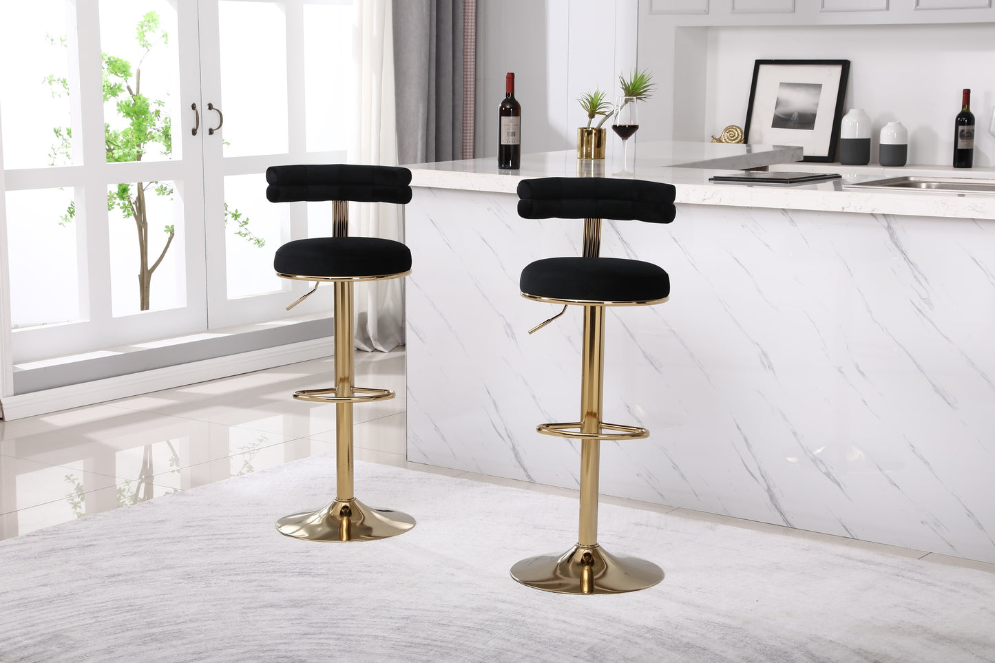 Hollis - Set of 2 - 26" Black Velvet Adjustable Counter & Bar Stools with Golden Iron Legs