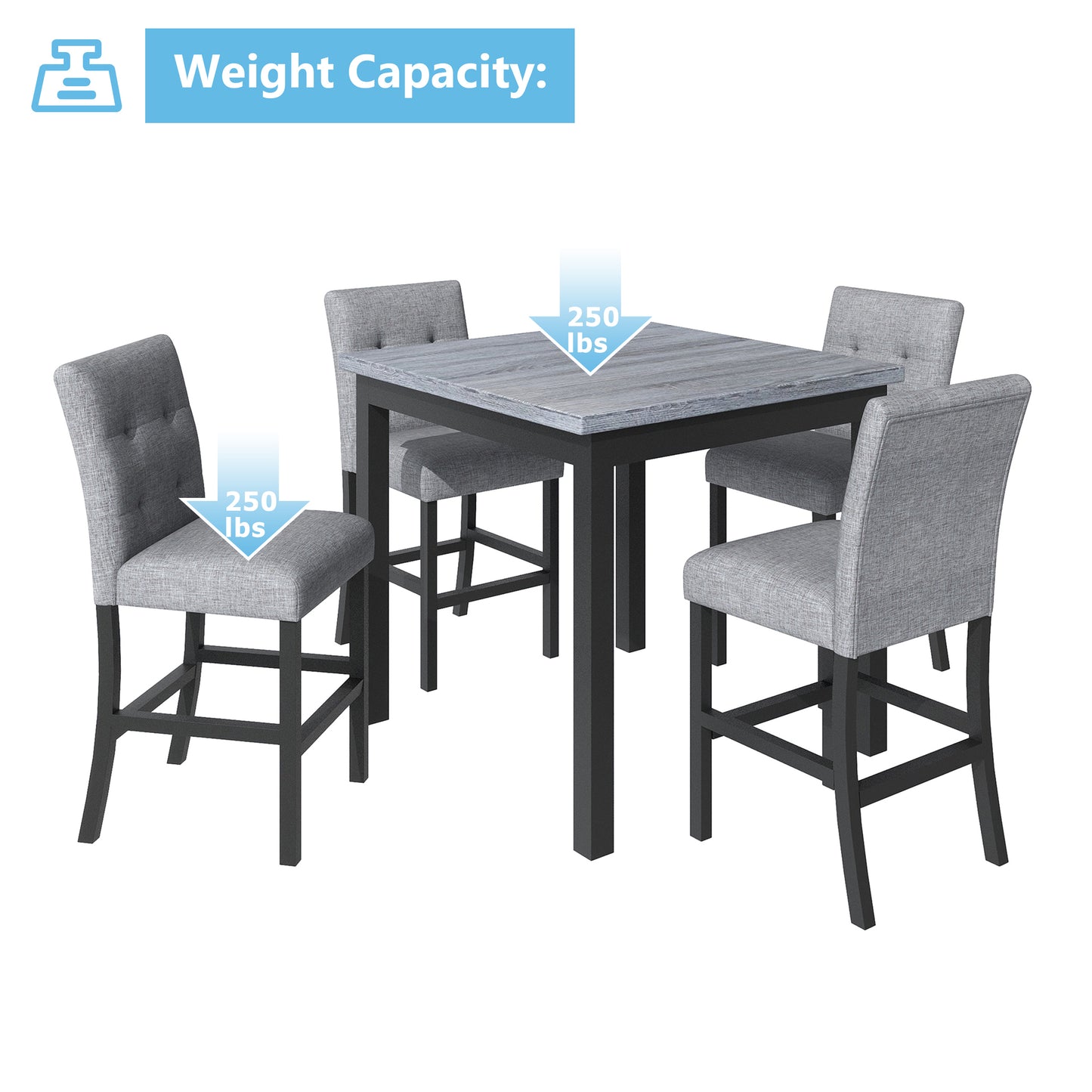 Lethyr - Set of 2 - 24" Black & Gray Rubberwood Counter Stools with Upholstered Seats, 5-Piece Dining Set, Square Table (36”H)