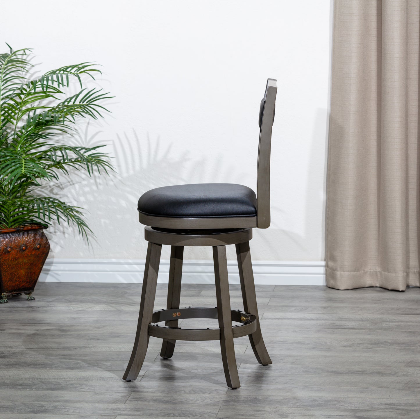 Saraya - Set of 2 - 24" Weathered Gray Counter Height Swivel Stools with Black Leather Seats