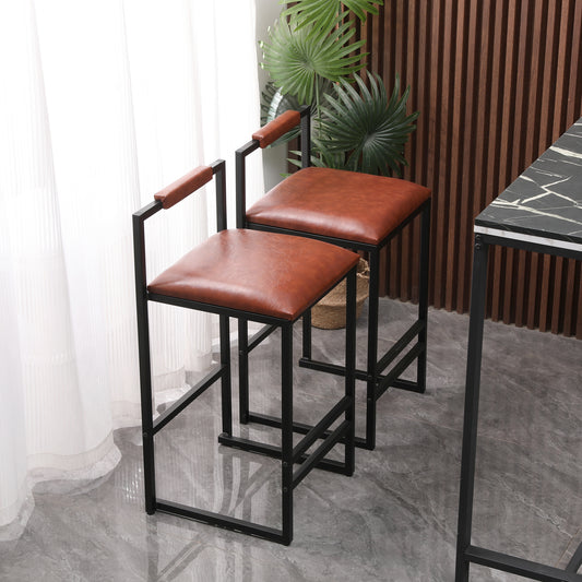 Ellison - Set of 2 - 28" Brown PU Leather Upholstered Counter Height Stools with Metal Frame and Backrest