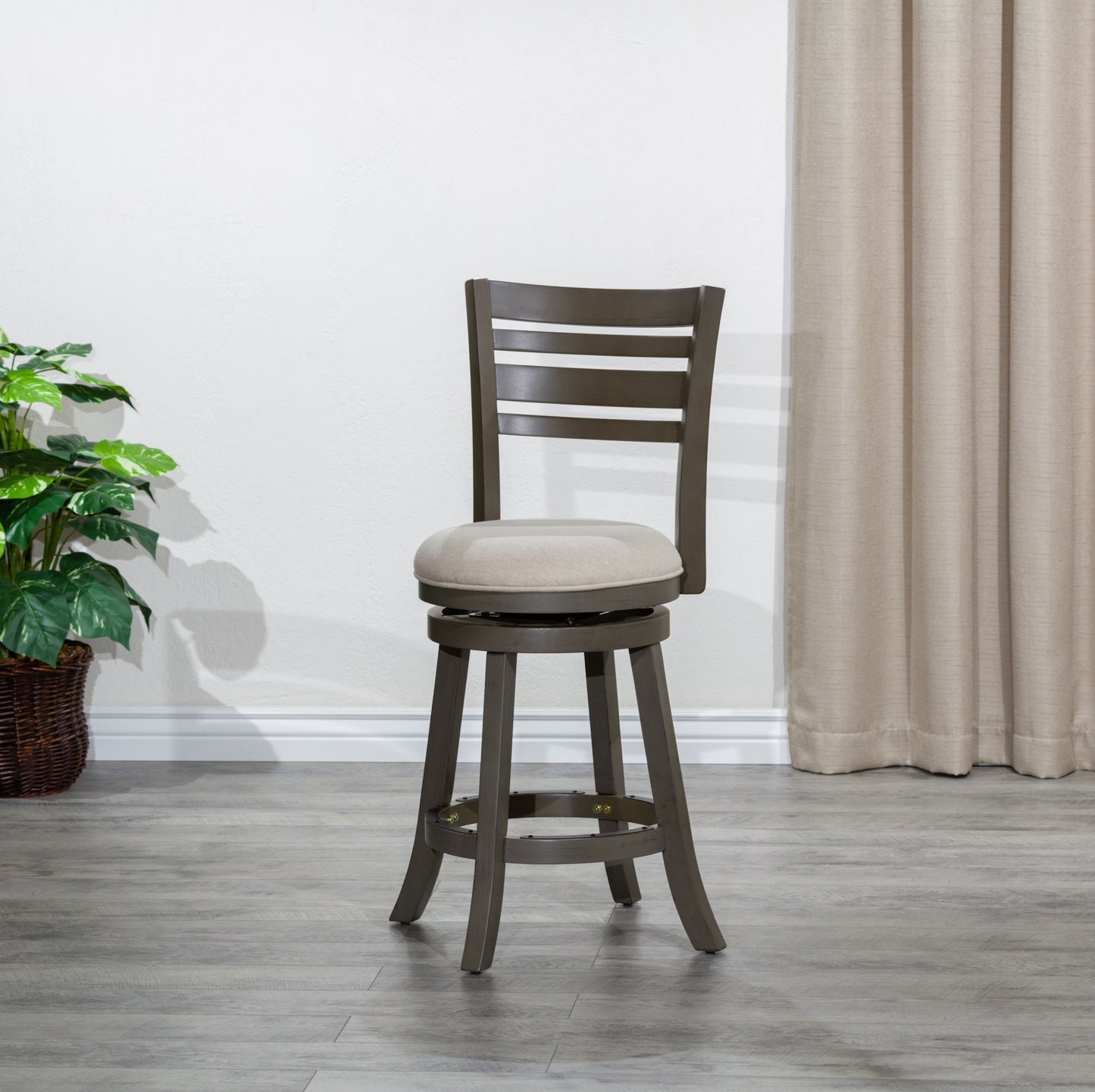 Solterra – Set of 2 – 24" Counter Height Swivel Stools with Slat Back, Weathered Gray Finish, and Beige Upholstered Seat