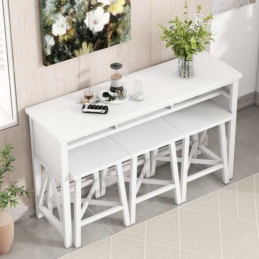 Tirion - 4-Piece Farmhouse Counter Height 60" Dining Table Set with 3 Stools for Small Spaces, White