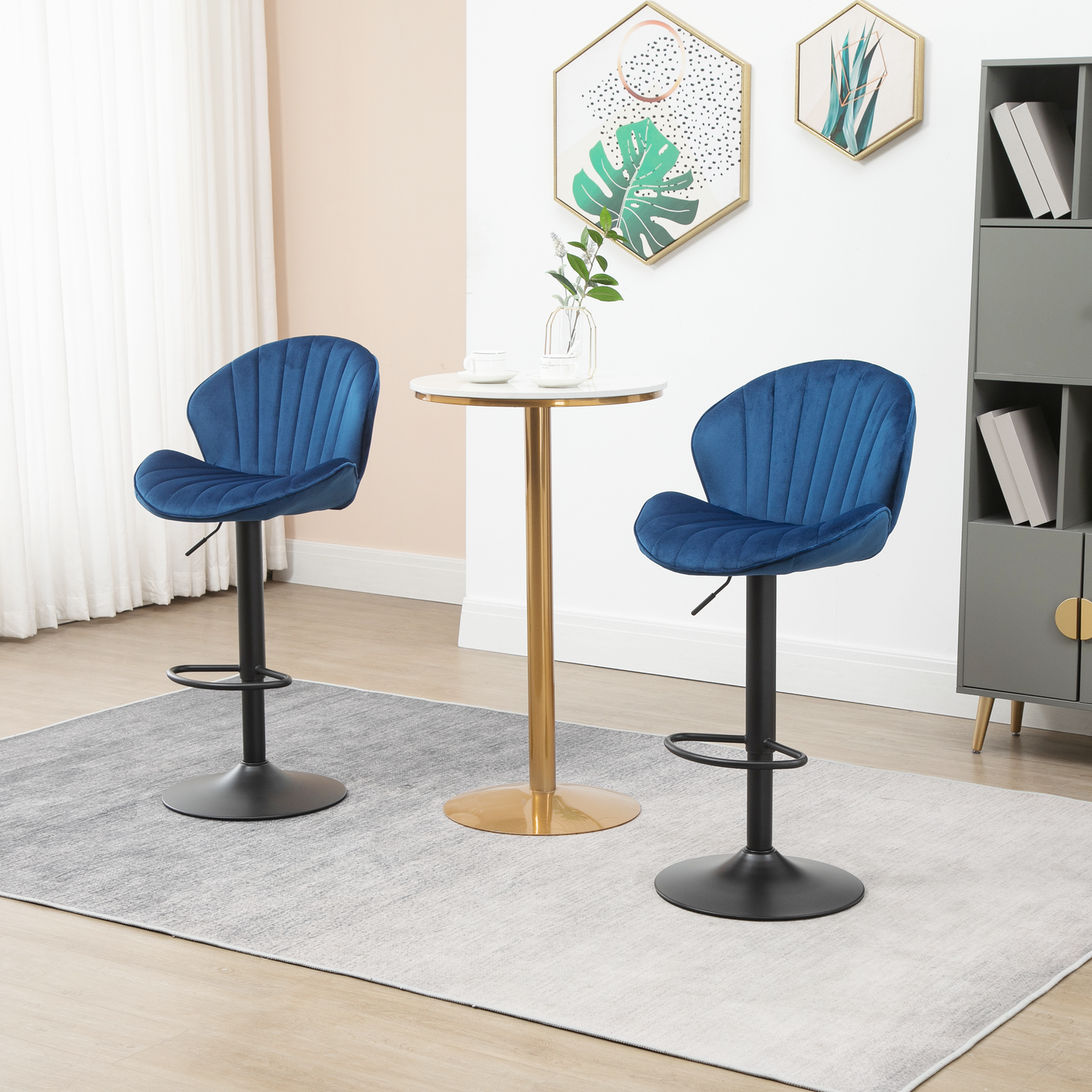 Molaris - Set of 2 - 30" Blue Velvet Adjustable Bar Stools with Backrest, Footrest, and Modern Design