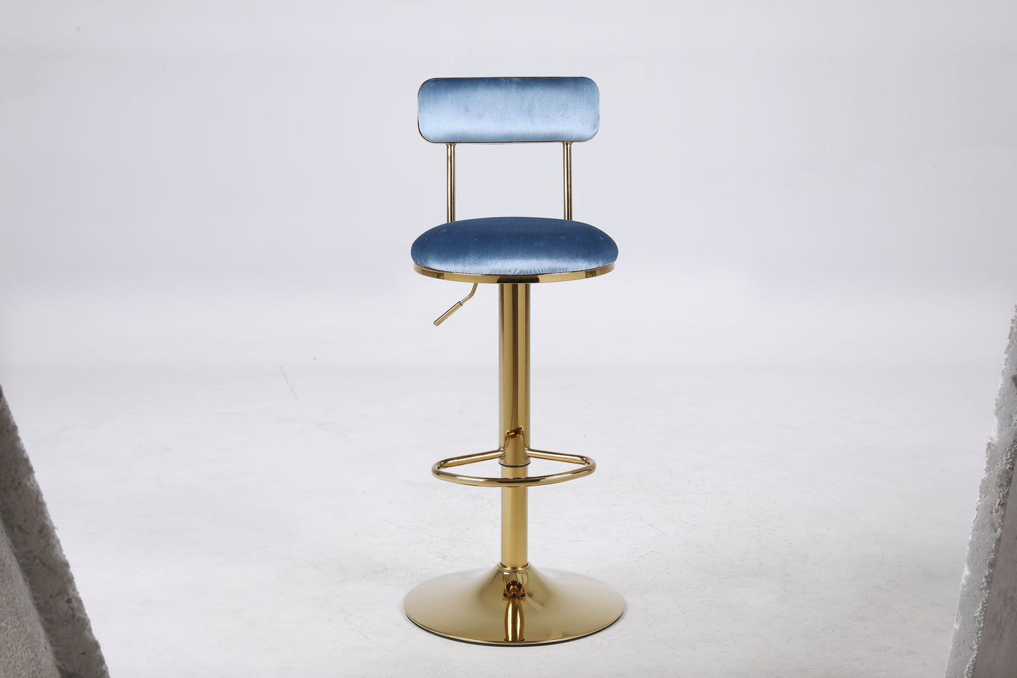 Imperia - Set of 2 - 24" to 30" Adjustable  Light Blue Velvet Bar Stools with Golden Steel Legs