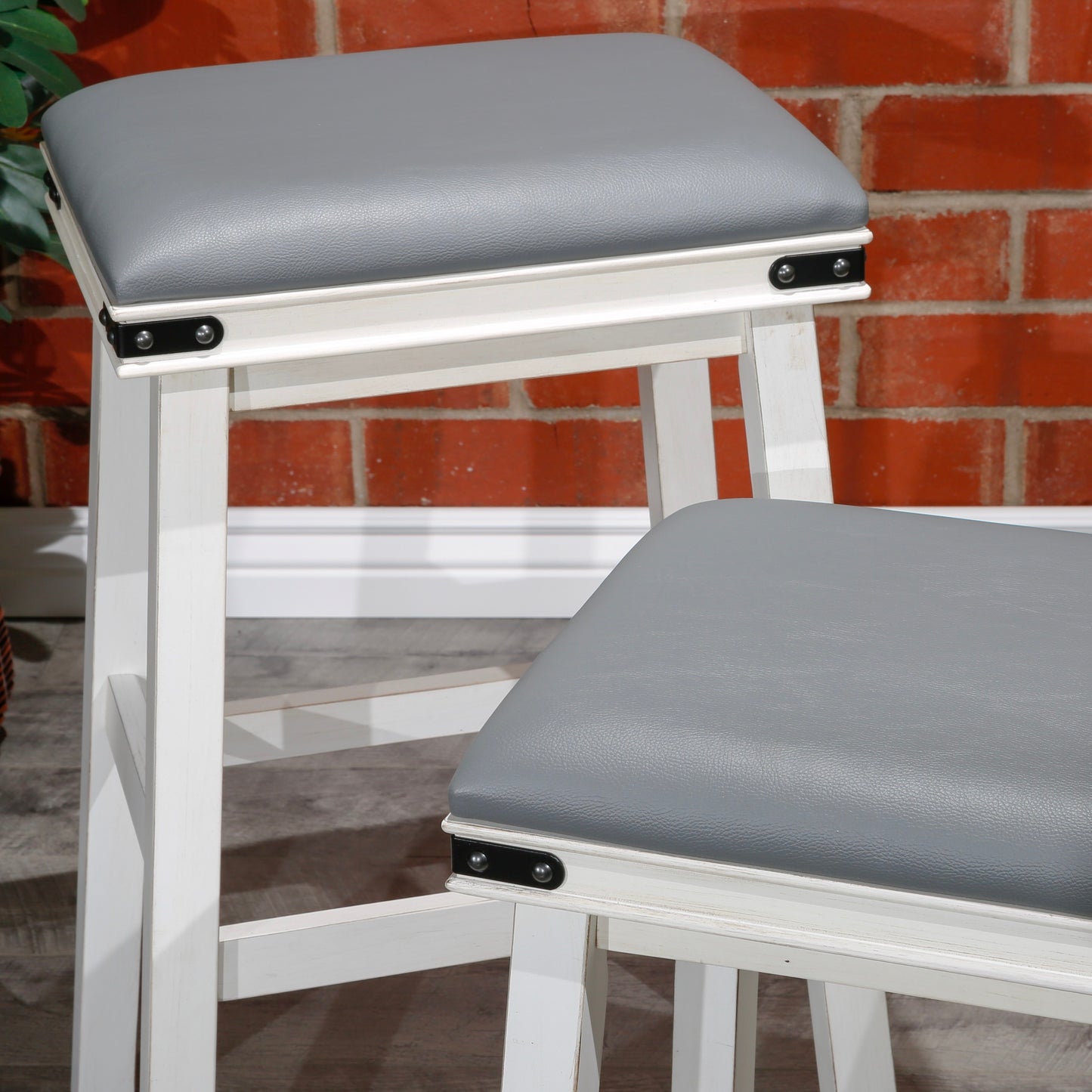 Siobhan - Set of 2 - 24" Antique White Counter Stools with Black Bonded Leather Seats