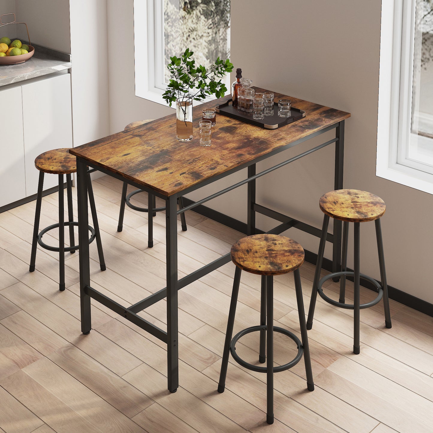 Humphrea - Set of 2 - 24" Rustic Brown Backless Counter Stools with Industrial Iron Frame for Modern Kitchens & Dining