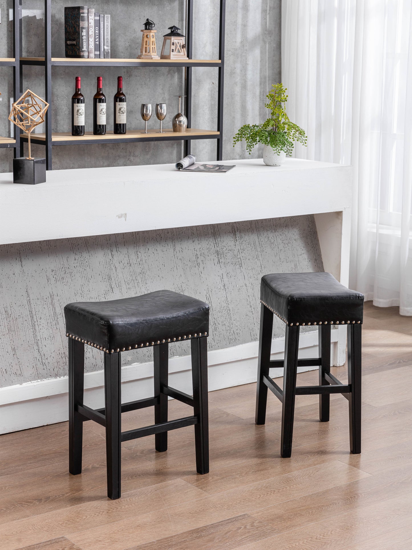 Moniler - Set of 2 - 26" Black Faux Leather Backless Bar Stools with Solid Wood Legs