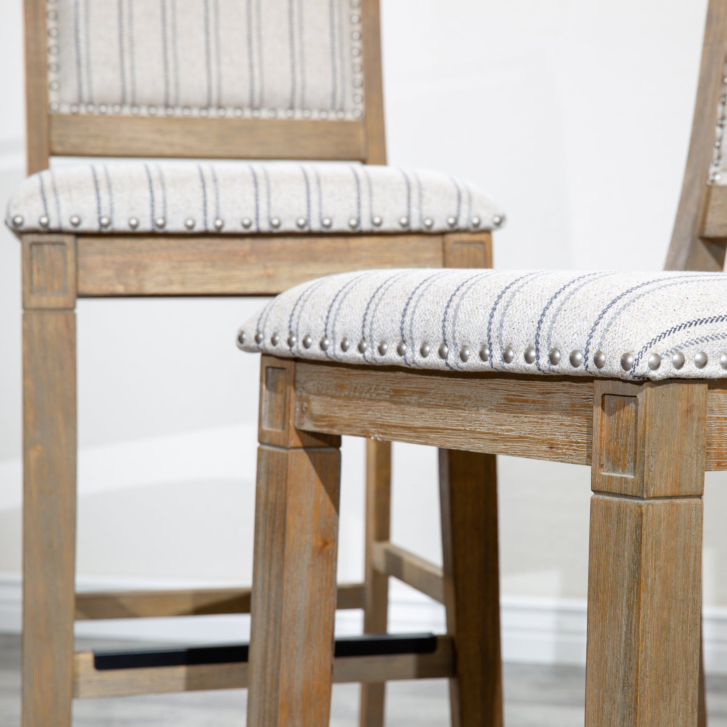 Santara - Set of 2 - 24" Rustic Counter Stools with Gray Wash Finish and Striped Upholstered Seat