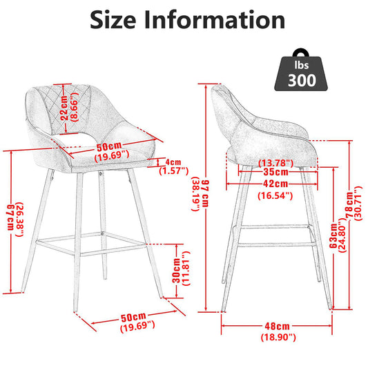 Elmsford - Set of 2 - 28" Gray Velvet Fixed-Height Bar Stools with Metal Frame, Footrest, and High Back