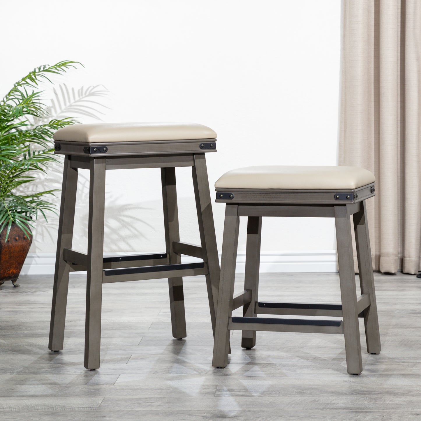 Siobhan - Set of 2 - 24" Antique White Counter Stools with Black Bonded Leather Seats