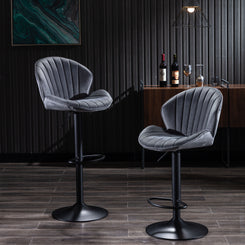 Victor - Set of 2 - 24-33" Adjustable Bar Stools with 19.49" Wide Grey Velvet Upholstery and Black Metal Base